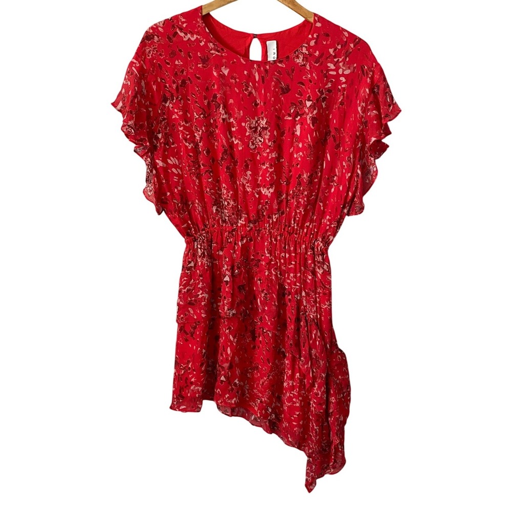 IRO Blame Red Floral Asymmetrical Boho Mini Dress Size 36 US 4 6‎ Flutter Sleeve
